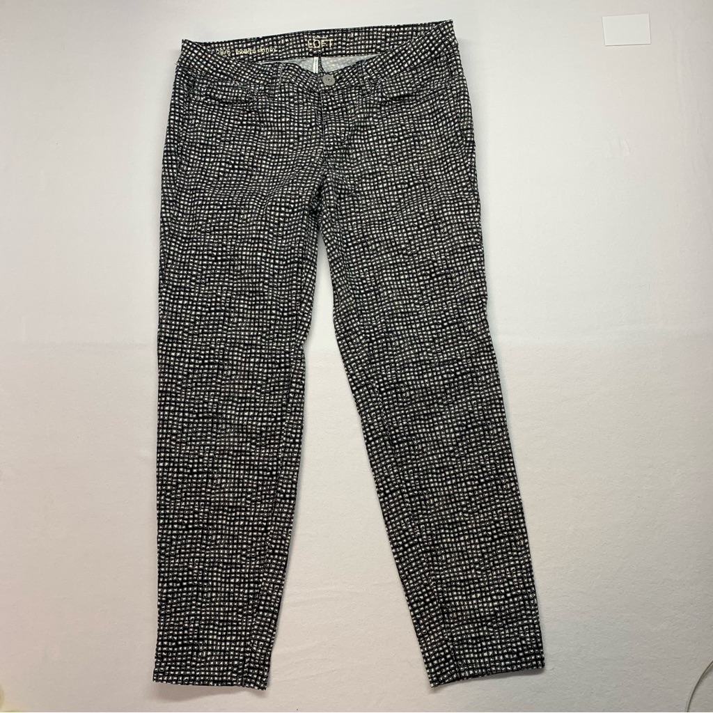 Loft Modern Skinny Pants Womens 6 Black White Geometric Grid Stretch Trousers